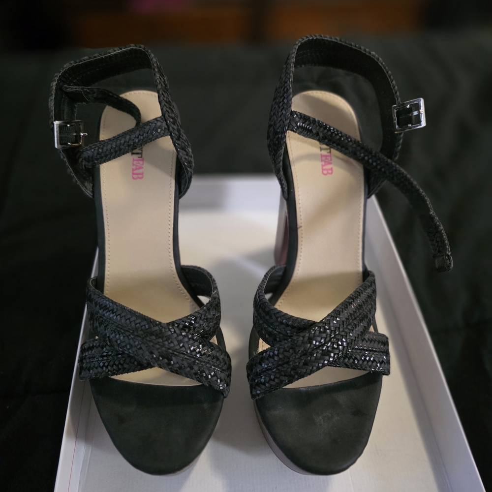 JustFab Black Woven Ankle-Strap High Heels